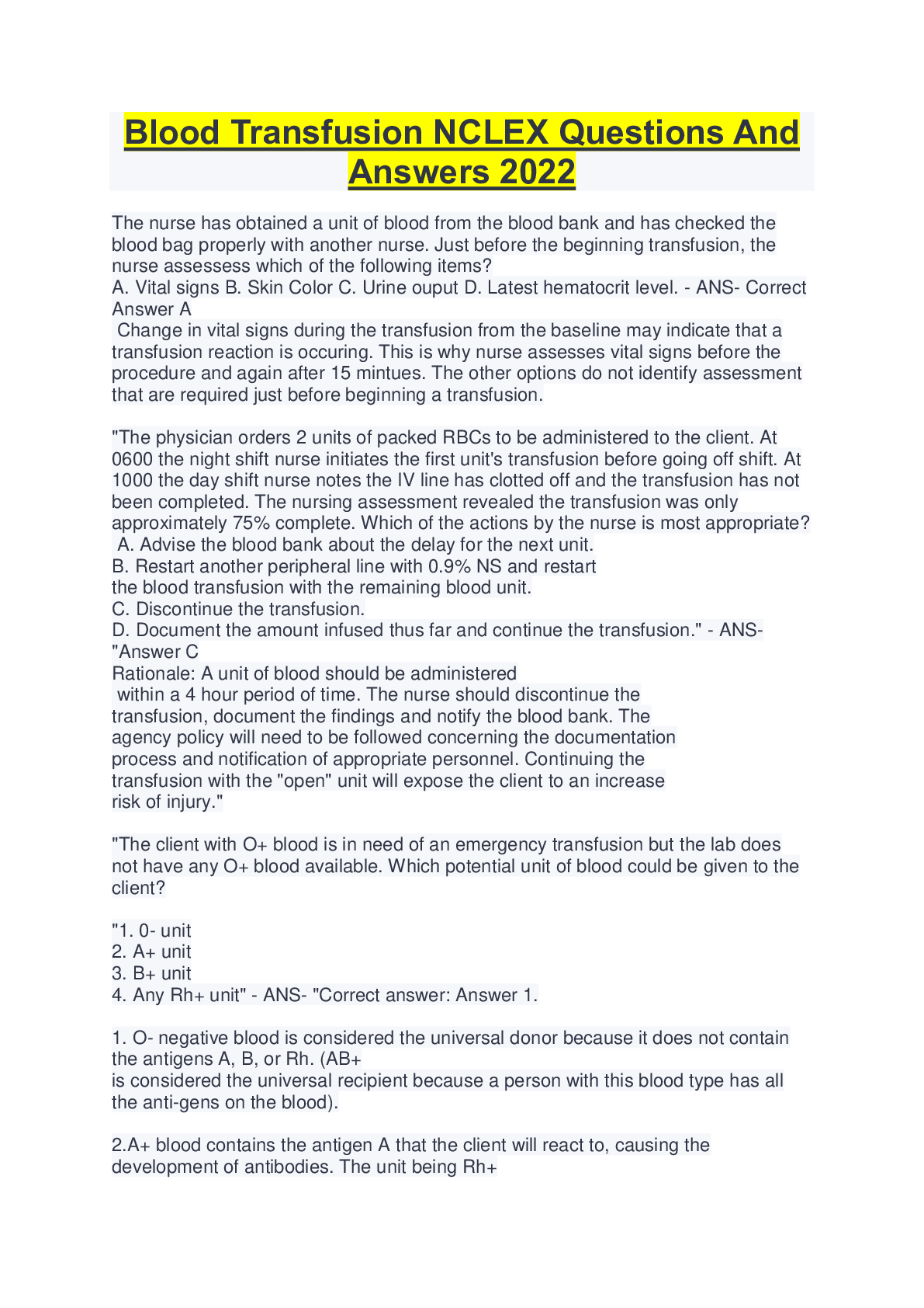 Blood Transfusion NCLEX Questions And Answers 2022 Browsegrades